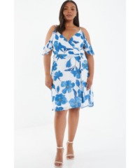 Quiz Womens Curve Blue Chiffon Floral Cold Shoulder Dress - Size 22 UK
