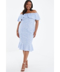 Quiz Womens Curve Blue Smudge Print Bardot Midi Dress - Size 22 UK