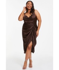 Quiz  Curve Brown Satin Ruched Midi Dress