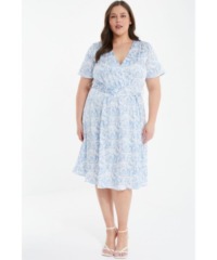Quiz Womens Curve Light Blue Satin Floral Wrap Midi Dress - Size 22 UK
