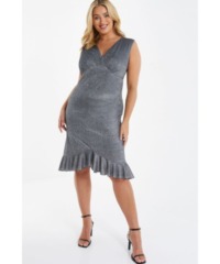 Quiz Womens Curve Silver Bodycon Frill Midi Dress - Size 22 UK