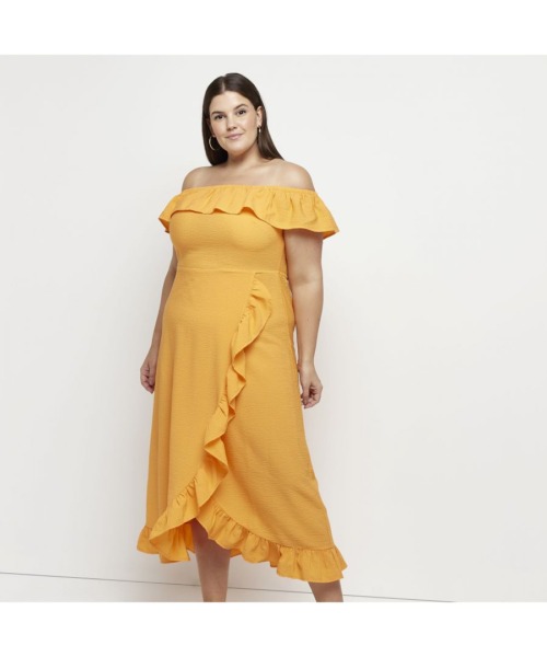 River Island Womens Bardot Midi Dress Plus Orange Frill - Size 22 UK