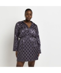 River Island Womens Mini Shirt Dress Plus Grey Check Satin Viscose - Size 22 UK