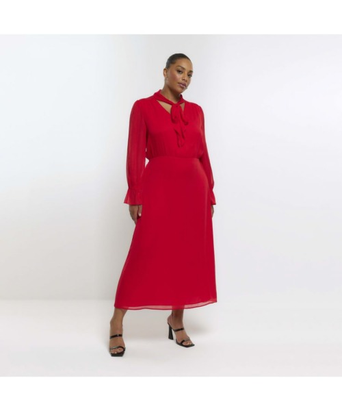 River Island Womens Swing Midi Dress Plus Red Chiffon Tie Front - Size 22 UK