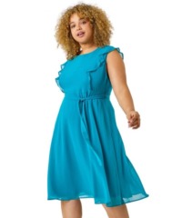 Roman Curve Womens Frill Detail Belted Dress - Teal - Size 22 UK