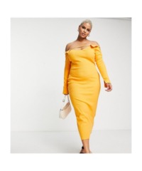Simmi London Plus Womens off shoulder long sleeve midi dress in orange - Size 22 UK