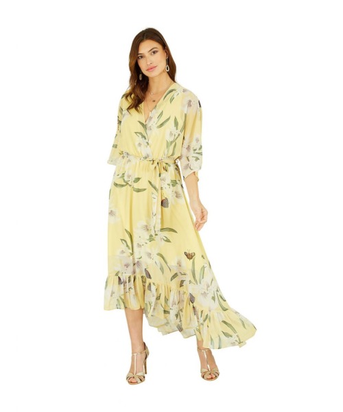 Yumi Womens Floral Print Kimono Midi Wrap Dress - Yellow - Size 22 UK