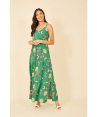 Yumi Womens Green Floral Strappy Tiered Maxi Dress - Size 22 UK