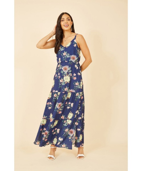 Yumi Womens Navy Floral Strappy Tiered Maxi Dress - Size 22 UK
