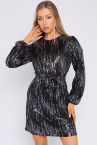 Aftershock London Elle Black Silver Sequin Long Sleeve Dress