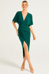 Aftershock London Green Wrap Midi Dress with Flutter Sleeves