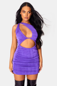 Asymetric Cut Away Slinky Mini Dress Purple UK 12