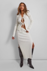 Kaiia Knitted Maxi Skirt In Cream UK 12