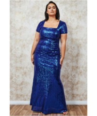 Goddiva Womens Sequin Portrait Neckline Maxi Dress - Blue - Size 22 UK