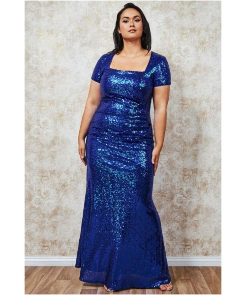 Goddiva Womens Sequin Portrait Neckline Maxi Dress - Blue - Size 22 UK