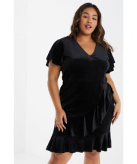 Quiz Womens Curve Black Velvet Frill Dress - Size 22 UK