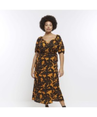 River Island Womens Wrap Midi Dress Plus Orange Leaf Print Viscose - Size 22 UK