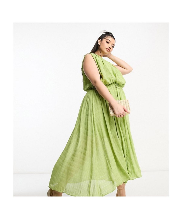 ASOS CURVE Womens DESIGN gathered textured high low midi dress in pistachio-Green - Size 22 UK