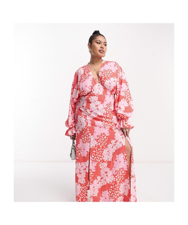 ASOS CURVE Womens DESIGN plunge batwing maxi dress in pink splice print-Multi - Size 22 UK