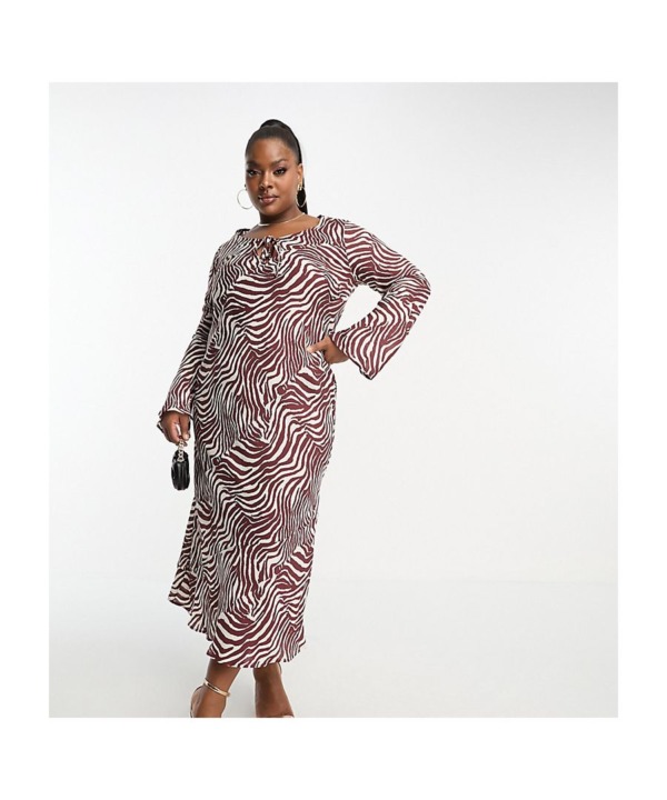 ASOS CURVE Womens DESIGN tie front long sleeve midi dress in zebra print-Multi - Animal - Size 22 UK