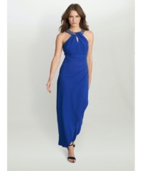Gina Bacconi Womens Kasandra Halter Beaded Neck Maxi Dress - Blue - Size 22 UK