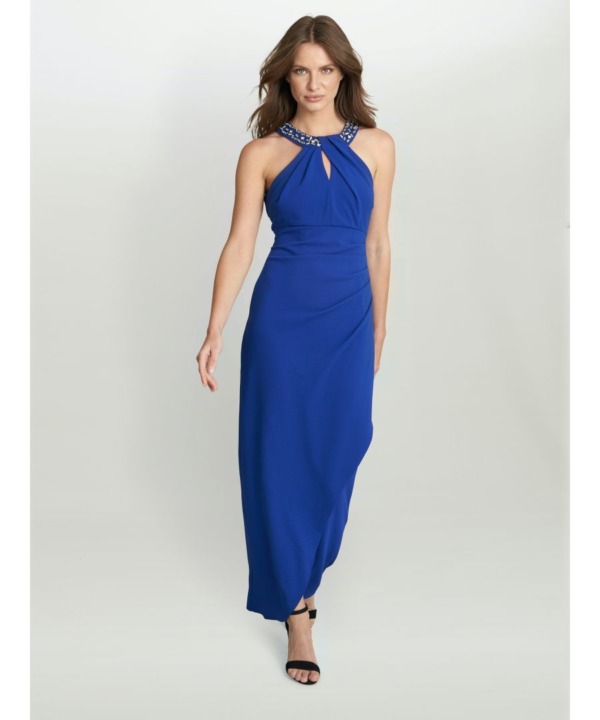 Gina Bacconi Womens Kasandra Halter Beaded Neck Maxi Dress - Blue - Size 22 UK