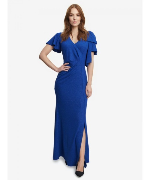 Gina Bacconi Womens Metallic Maxi Dress With V-Neck And Bow At Sleeve - Blue - Size 22 UK
