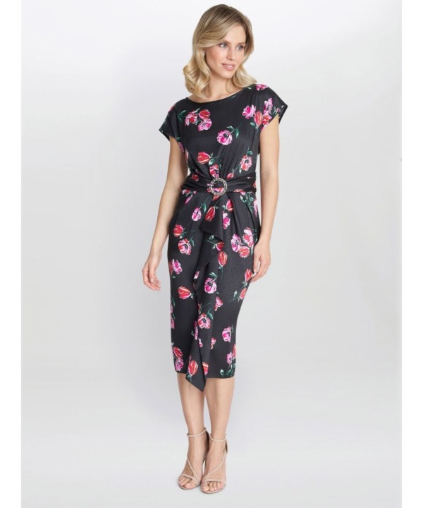 Gina Bacconi Womens Saffron Floral Print Satin Dress With Buckle - Black - Size 22 UK
