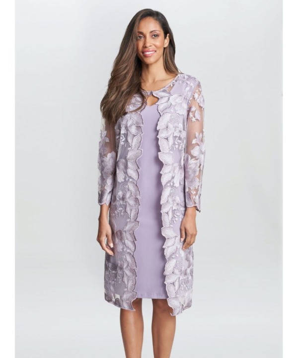 Gina Bacconi Womens Savoy Embroidered Lace Mock Jacket With Jersey Dress - Purple - Size 22 UK