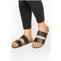 Lts Black Leather Two Strap Footbed Sandals In Standard Fit Standard > 10 Lts | Tall Women's Flat Sandals