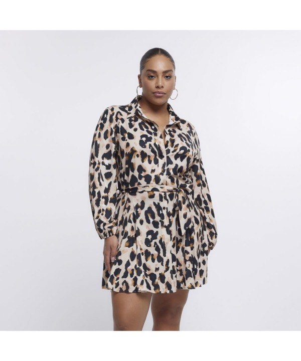 River Island Womens Mini Shirt Dress Plus Beige Leopard Print - Animal - Size 22 UK