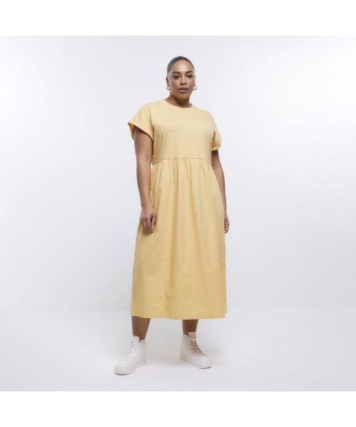 River Island Womens T-Shirt Midi Dress Plus Yellow Poplin Rayon - Size 22 UK
