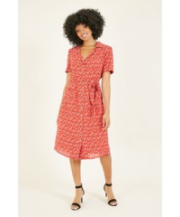 Yumi Womens Red Ditsy Leaf Print Retro Shirt Dress - Size 22 UK
