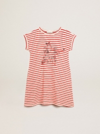 Golden Goose - Mini Dress With White And Red Stripes And Embroidery On The Front