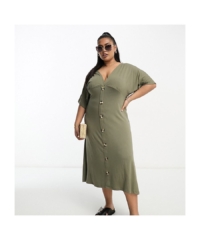 ASOS CURVE Womens DESIGN flutter sleeve midi tea dress with buttons in khaki-Green – Size 22 UK