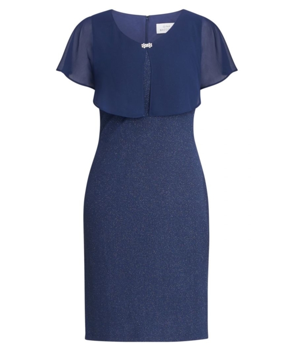 Gina Bacconi Womens Aris V Neck Dress With Embellished Chiffon Overlay - Navy - Size 22 UK