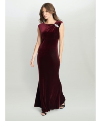 Gina Bacconi Womens Edina Maxi Velvet Gown With Asymmetrical Neckline And Embellishment – Burgundy – Size 22 UK