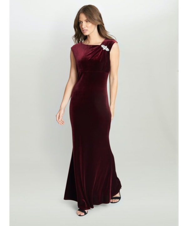 Gina Bacconi Womens Edina Maxi Velvet Gown With Asymmetrical Neckline And Embellishment - Burgundy - Size 22 UK