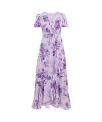 Gina Bacconi Womens Elda Long Printed Dress With Surplice Neckline Short Sleeve – Lilac – Size 22 UK