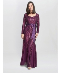 Gina Bacconi Womens Gwen Long-Sleeved Sequined Gown – Burgundy