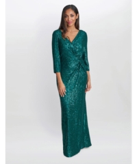 Gina Bacconi  Jacynda Sequin 3/4 Sleeve Wrap Dress With Twist – Emerald