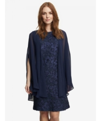 Gina Bacconi Womens Niara Short Rosette Shift Dress With Elongated Chiffon Cascade Jacket – Navy – Size 22 UK