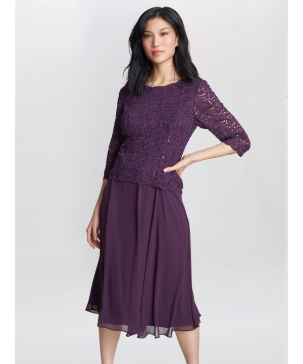 Gina Bacconi Womens Rona Midi-Length Dress With Lace Bodice & ChD31:E31iffon Skirt - Purple - Size 22 UK