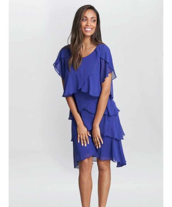 Gina Bacconi Womens Trysta Bugle Beaded Trim Tiered Cocktail Dress With Flitter Sleeves - Blue - Size 22 UK