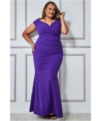 Goddiva Womens Plus Bardot Pleated Maxi Dress – Purple – Size 22 UK