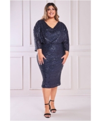 Goddiva Womens Sequin Cowl Neck Midi Dress – Navy – Size 22 UK