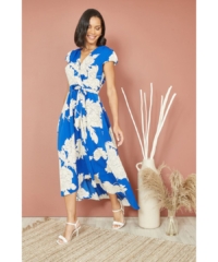 Mela London Womens Blue Blossom Print Wrap Midi With Dipped Hem