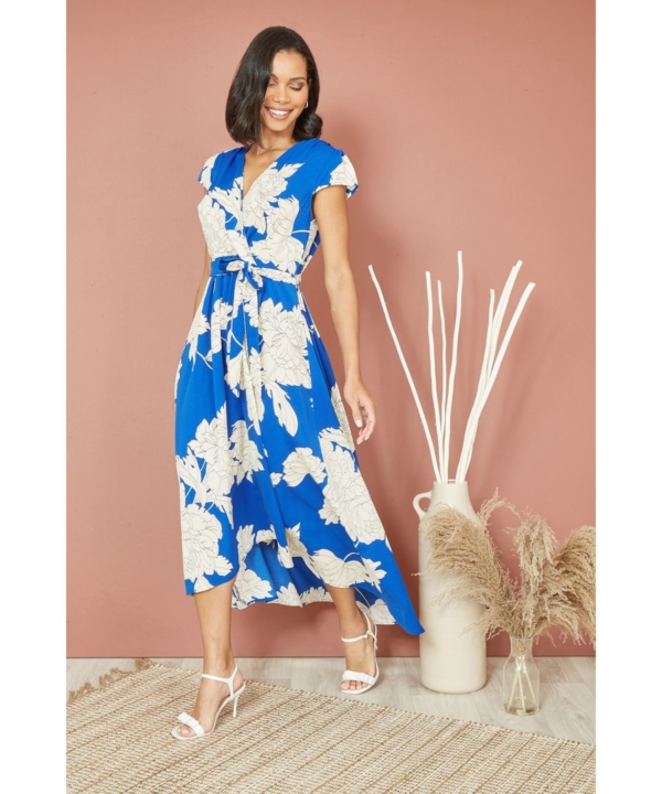 Mela London Womens Blue Blossom Print Wrap Midi With Dipped Hem - Size 22 UK