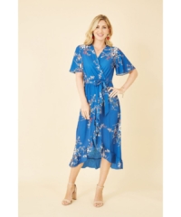 Mela London Womens Blue Floral Dip Hem Wrap Midi Dress – Size 22 UK