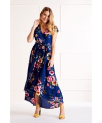 Mela London  Blue Floral Wrap Over Dipped Hem Midi Dress – Navy